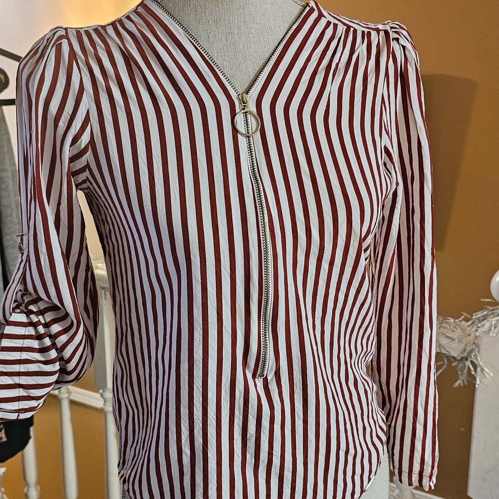 Chic Red Wine and White Striped Blouse with Zipper